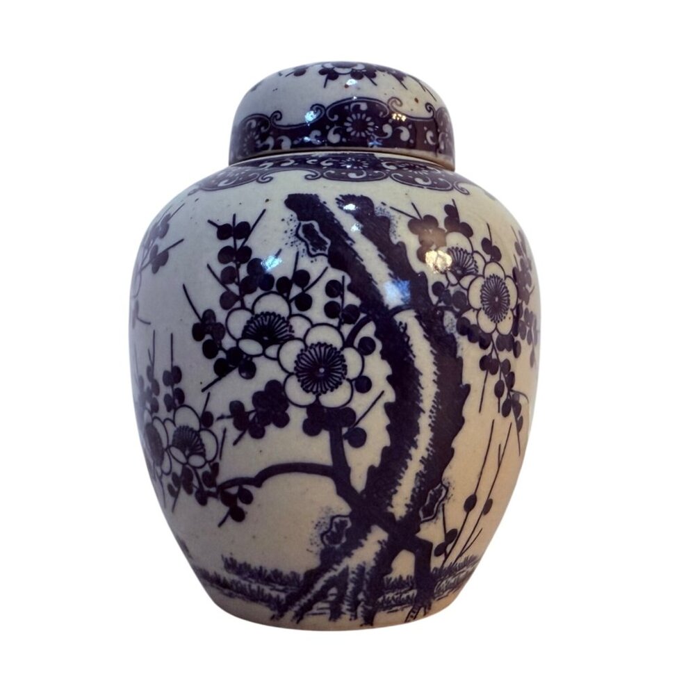 Japanese Ceramic Ginger Jar Pottery Lid VTG Blue Floral Cherry Blossom Storage